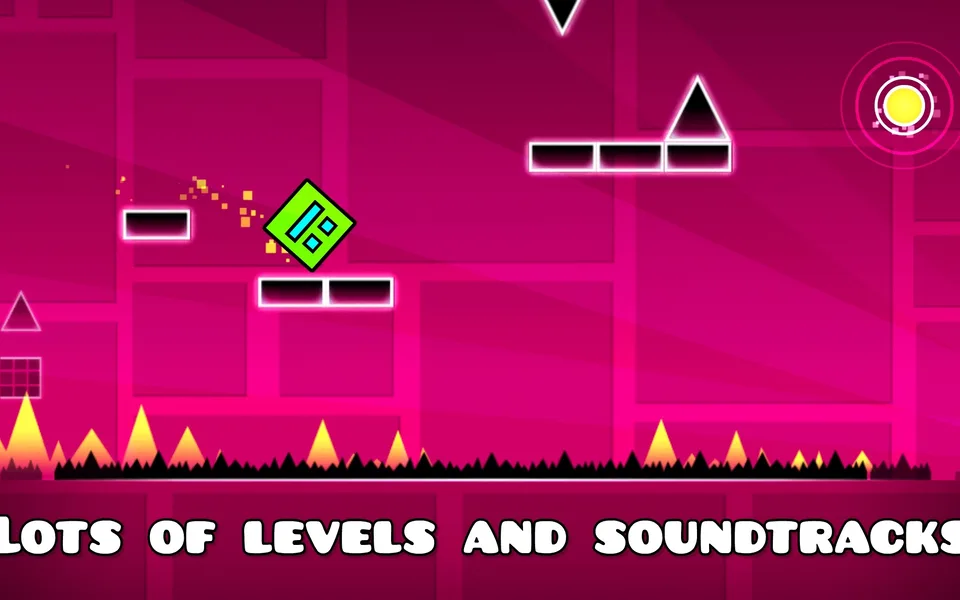 Geometry Dash Lite gameplay screenshot, a cube jumping between obstacles