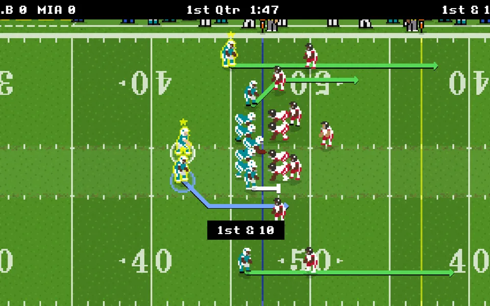 Retro Bowl gameplay screenshot, a pixel-art American football play diagram